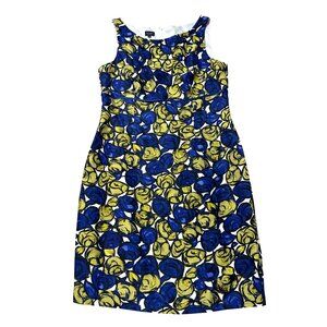Hobbs Women's Size 16 Floral Print Sleeveless Silk Dress Yellow & Blue Roses